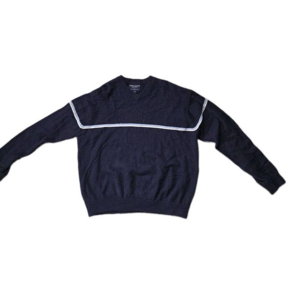 VTG American Eagle Navy Lambswool Cotton V Neck Stripe Sweater Mens L GUC